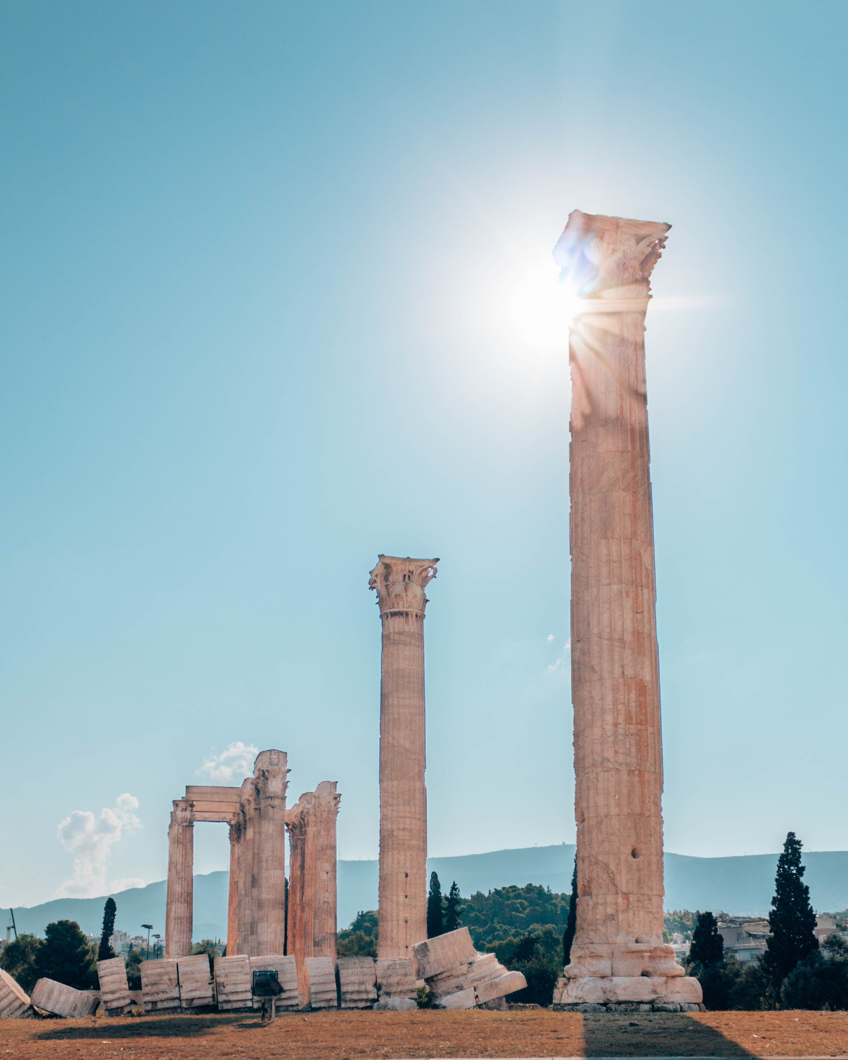 Temple of Olympian Zeus column sun glare Athens Greece