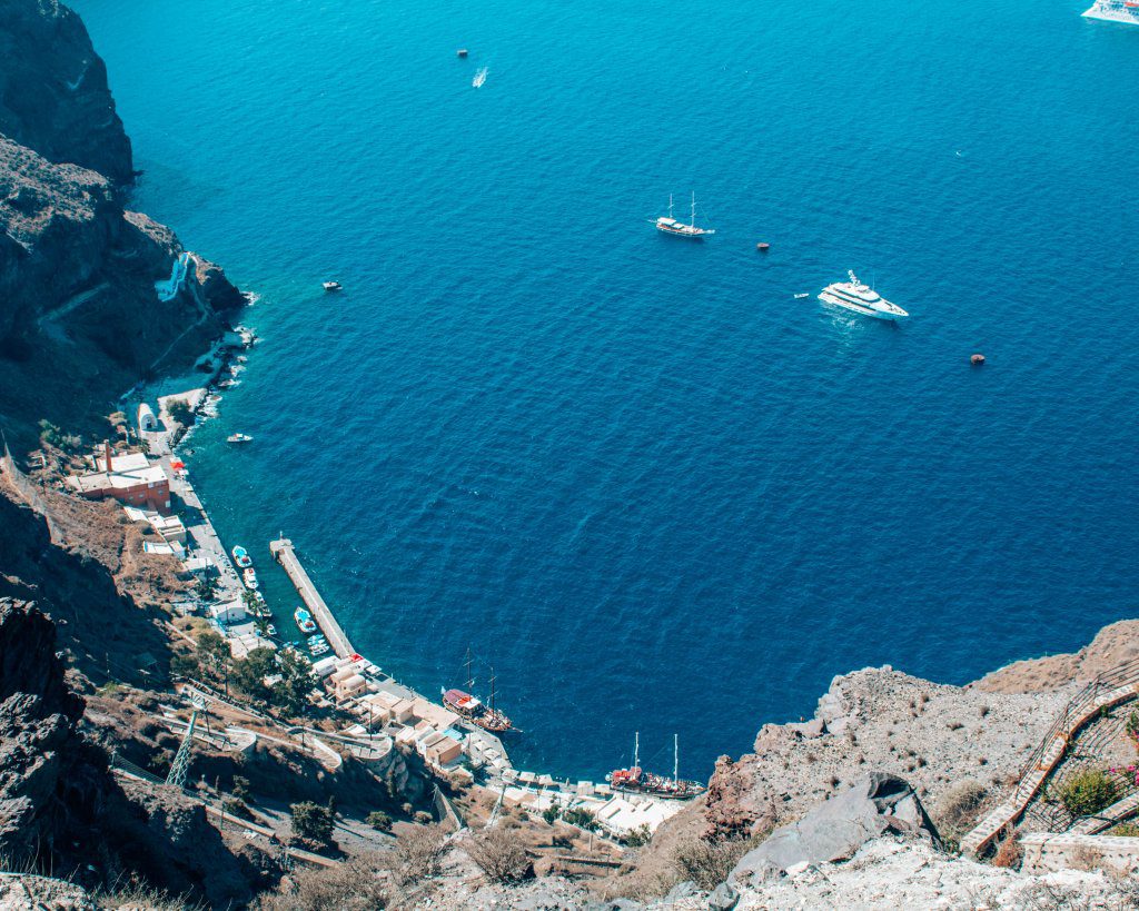 The port of Fira on Santorini. To be avoided if you want to explore Santorini on a budget