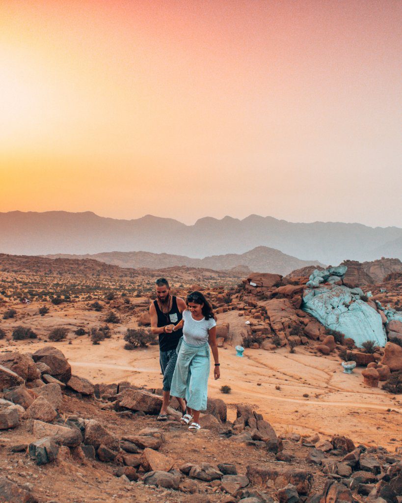 The sunset in Tafraout over the Painted Rocks. Must-see in Morocco