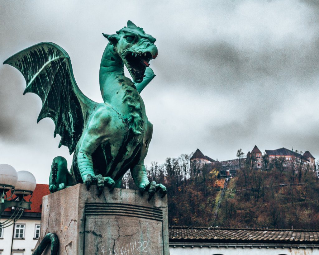 Dragon statue from the dragonbridge in front of Ljubljana Castle Slovenia wediditourway.com