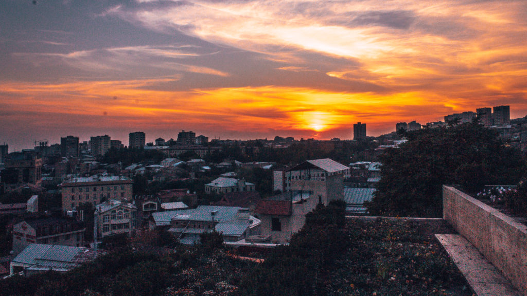 The beautiful sunset over Yerevan, at Cascade