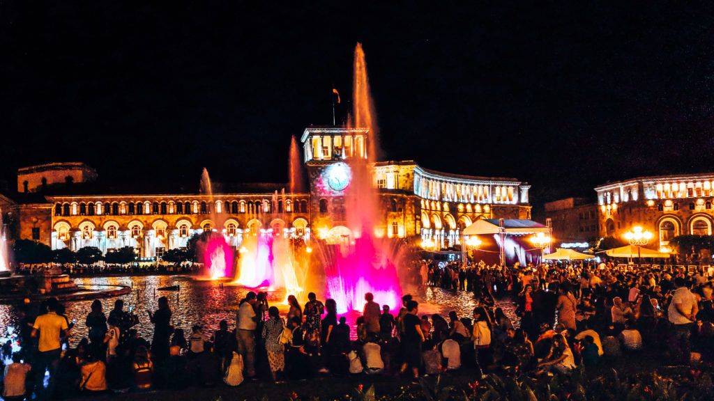 Light show at Republic square. One of the free things to do in Yerevan