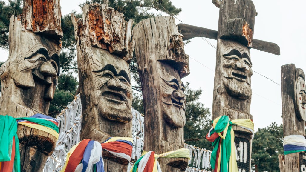 The traditional statues at the Andong Mask Dance festival, South Korea