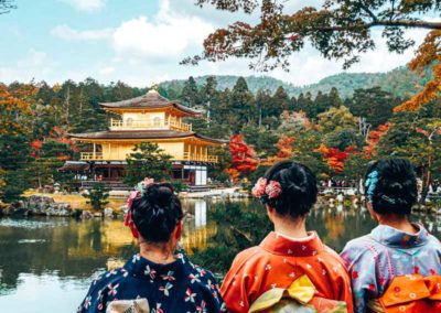 Japanese girls by the Golden Temple in Kyoto, Japan