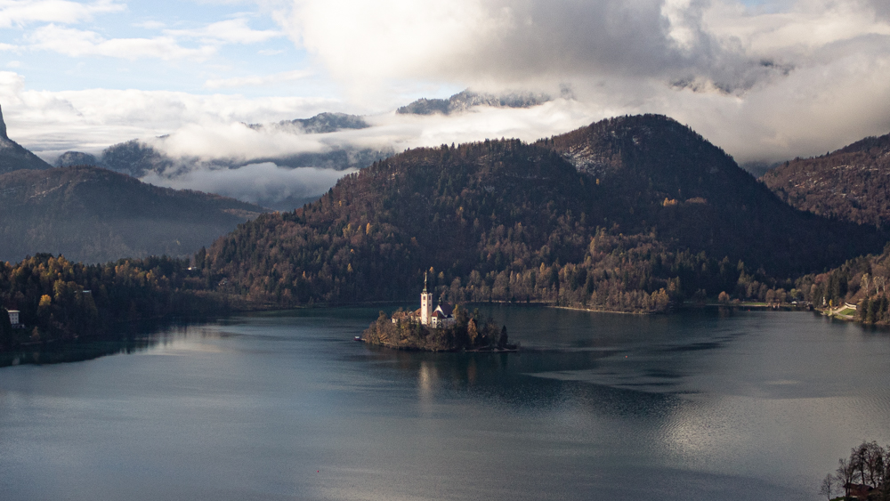 A view of the Pilgrimage Church of the Assumption of Maria from Bled Castle at Lake Bled, Slovenia