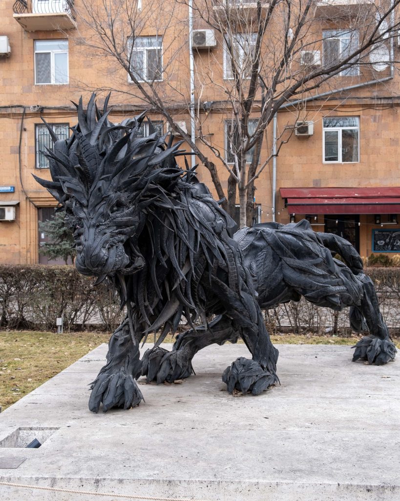 Lion statue made of old tires at Cascade in Yerevan