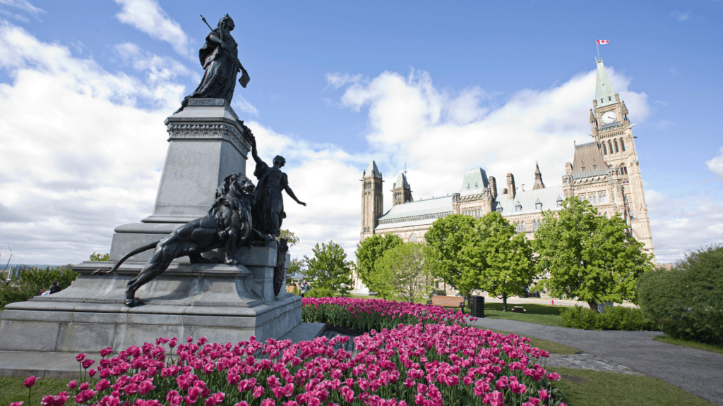 Parliament building in Ottawa, with the tulips