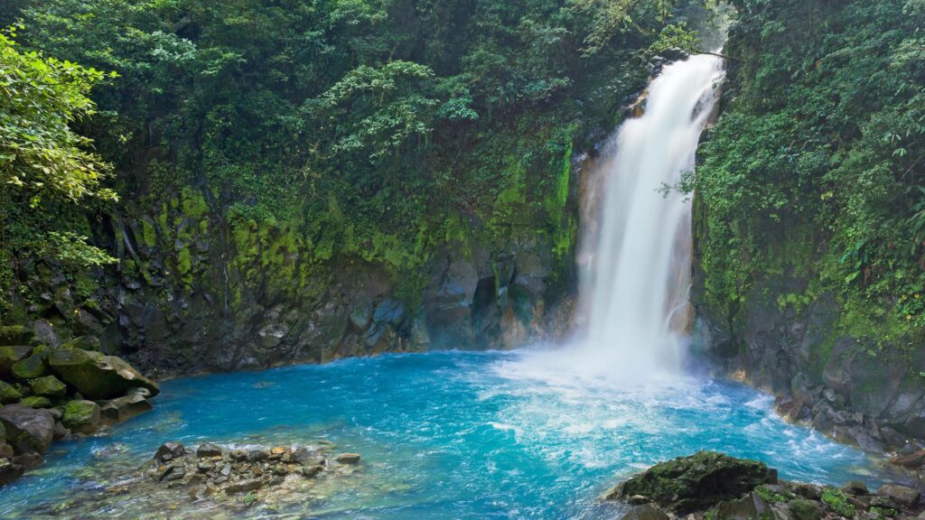 Rio Celeste Waterfall in Tenerio Volcano National Park in Costa Rica