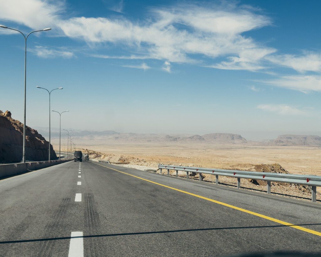 Desert Highway in Jordan. Road trip in Jordan. Driving in Jordan