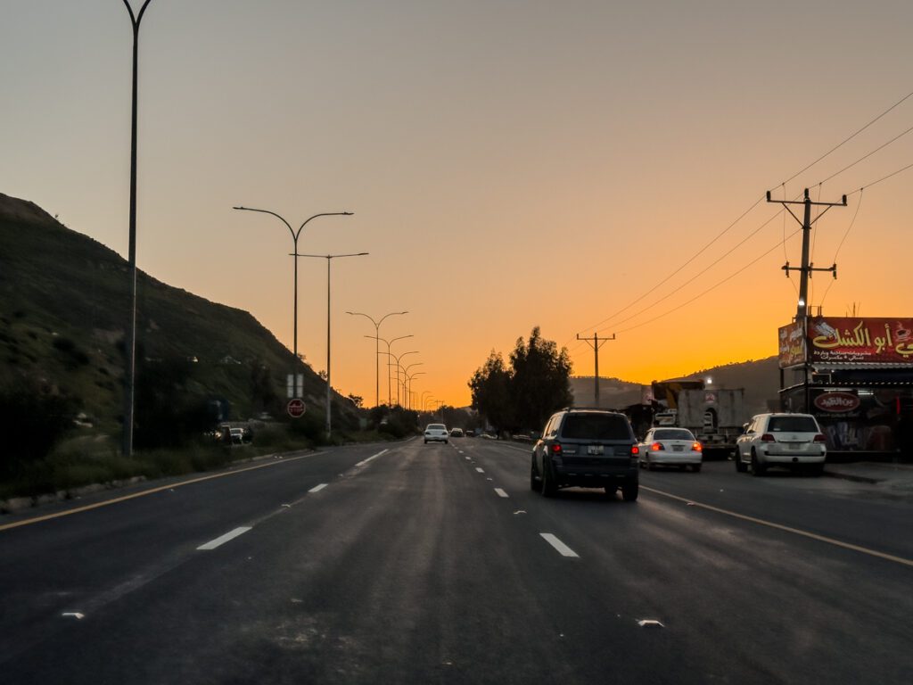 Driving at night in Jordan. Roads in Jordan. Highways in Jordan