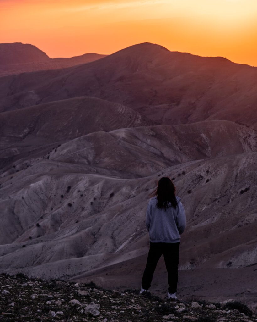 Sunset in Dana Biosphere Reserve. Hiking in Jordan. Jordan Road trip in 14 days. Jordan itinerary