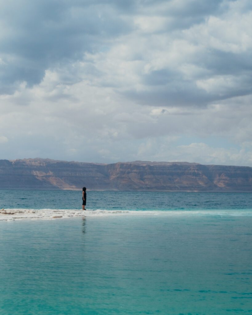 Dead Sea Salt patch. Public beach in Dead Sea Jordan. Free beach on Dead Sea.