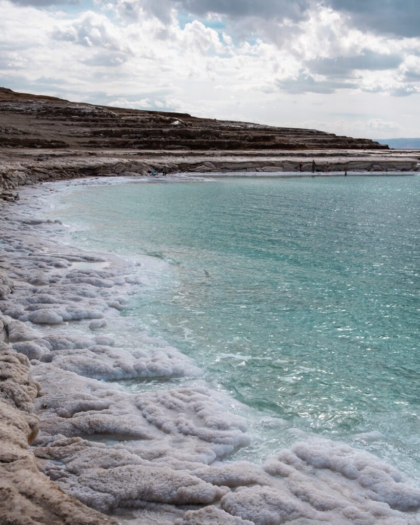 Dead Sea Salt patch. Public beach in Dead Sea Jordan. Free beach on Dead Sea.