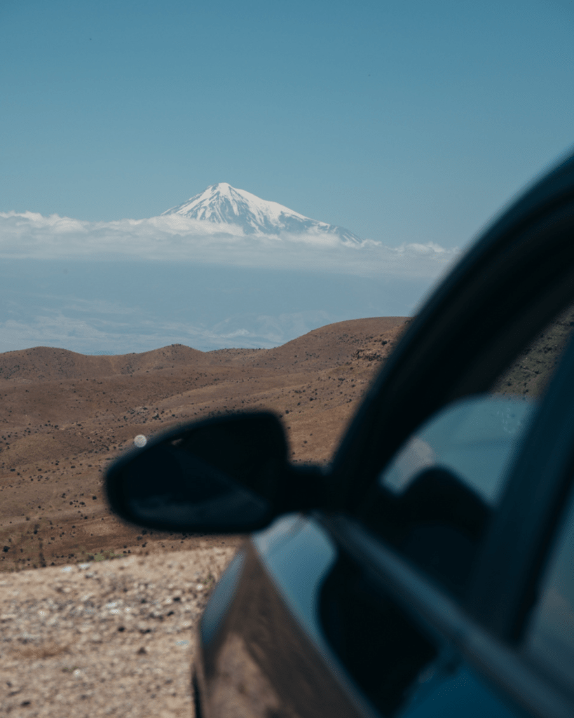 Scenic road stop in Armenia with a view of Mount Ararat on a self-drive road trip.