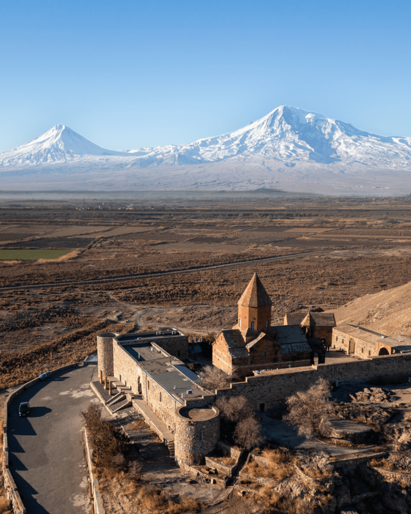 Khor Virap Monastery with Mount Ararat in the background, one of the best road trip stops from Yerevan.